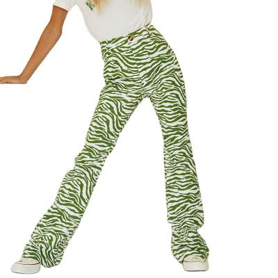 China High Waist Green Stripe Pants Anti-Wrinkle Womens Clothing Print Pants Loose Street Wear Women Pants for sale