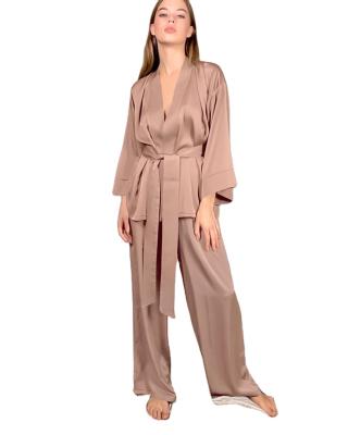 China Anti-pilling Women's Sleepwear Lounge Wear Satin Plain Silk Midi Color Wrap Blouse Panty Two Piece Set for sale