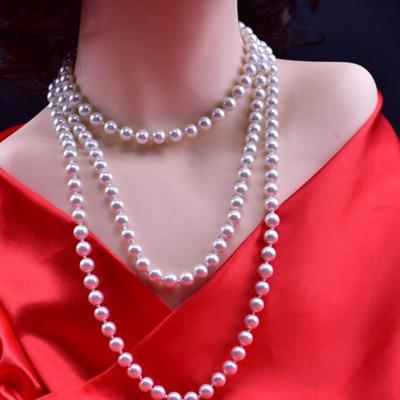 China Vintage 1.5 Meter Long Glass Pearl Necklace Sweater Chain Necklace Women Clothing Accessories 8mm for sale