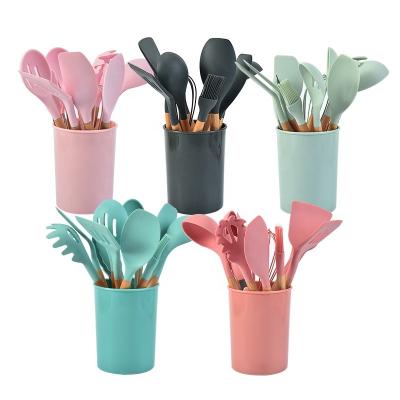 China Sustainable High Quality Professional Nonstick Wooden Handle 12pcs Silicone Utensil Set for sale