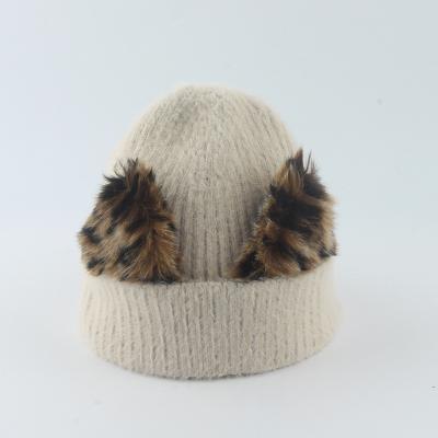 China Custom Animal Print COMMON Fuzzy Cute Knitted Mohair Ear Beanie Hat Leopard Logo Women Acrylic Winter Beanies for sale