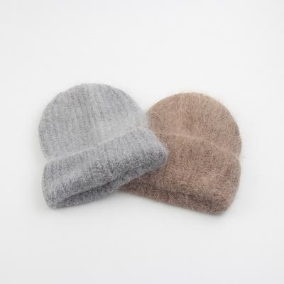 China COMMON Wholesale Custom Logo Women Winter Wool Beanies Fuzzy Warm Knitted Angora Rabbit Hair Beanie Hat for sale