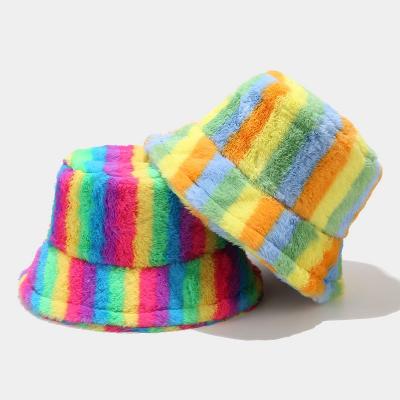 China Designer Fashion Winter Party Furry Bucket Rainbow Striped Plush Print Fluffy Faux Fur Bucket Hat For Women for sale