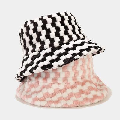 China Plush Designer Vintage Fashion Furry Plaid Print Faux Fur Bucket Hat For Women Winter Autumn for sale