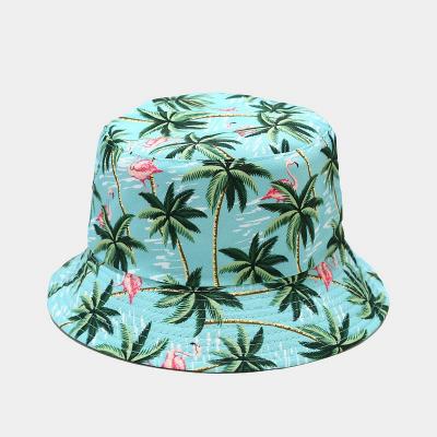 China Fashion Casual Flamingo Coconut Palm Tree Sun Umbrella Fashion Summer Reversible Fisherman Beach Bucket Hat Custom Made Casual Flamingo Print for sale