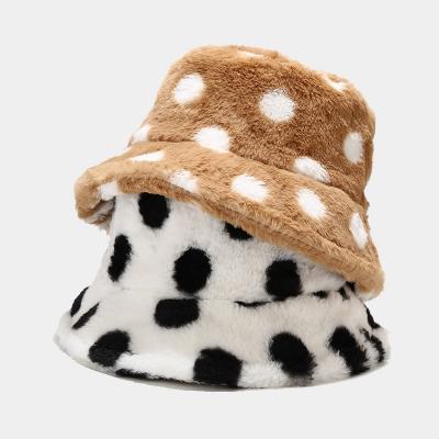 China Plush Fashion Winter Party Bucket Hat Dot Print Fluffy Faux Fur Furry Polka Dot Warm Bucket Hat For Women for sale