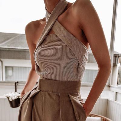 China Viable Women Crisscross Crop Cut Cami Causal Tank Tops Solid Vest Halter Wrap Top for sale