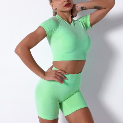 China Women Breathable High Waist Shorts Fitness Yoga Set 2 Piece Workout Compression Workout Crop Top Shirt Fitness Yoga Set Gym Equipments for sale