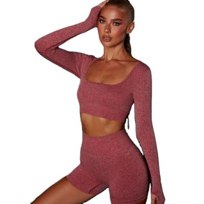 China Breathable Women Fitness Yoga Set Shorts Long Sleeve Workout Compression 2 Pieces Sports Shirt Crop Tops Running Gym Equipments for sale