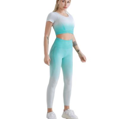 China Breathable Women Workout Gym Wear Clothes Sports Yoga Suit Set Short Sleeves Crop High Waisted Lift Hips Upper Pants Gaiters for sale