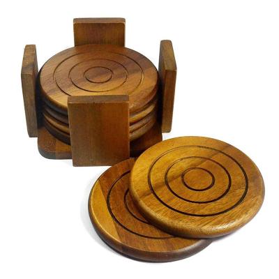 China 6 Piece Sustainable Natural Rustic Round Acacia Wood Coaster Set For Drinks for sale