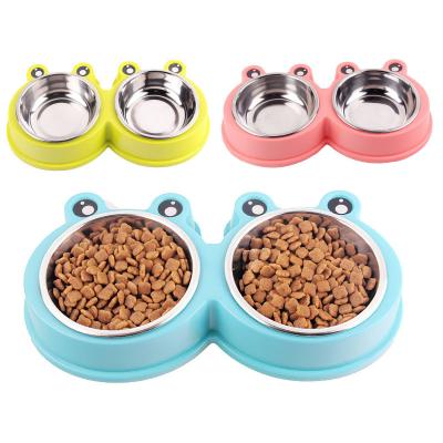 China High Quality Viable Stainless Steel Pet Feeder Double Pet Food Bowl Cat Dog Cartoon Frog Shaped for sale