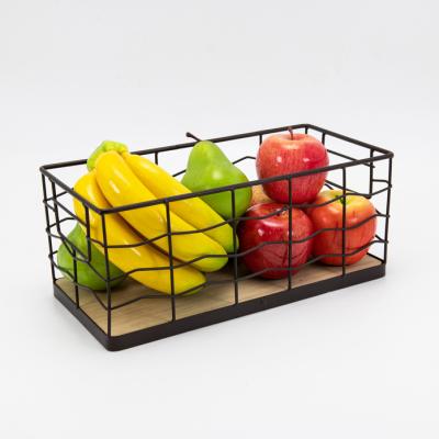 China Market Sustainable Wooden Bottom Baskets Wire Fruit Vegetable Clothing Storage Organizer Metal Storage Bin for sale