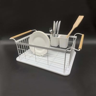 China Sustainable Dish Drying Racks With White Metal Wood Iron Tray Rack Handles Dish Storage Kitchen Dish Drain Rack for sale