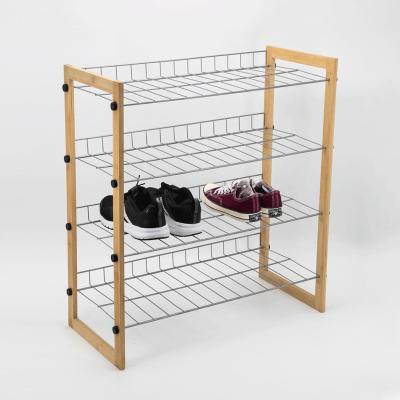 China 4 Layers Detachable Powder Coating Metal Iron Wire Silver Gray Detachable Shoe Rack With Natural Bamboo Frame for sale