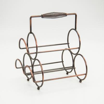 China Sustainable Antique Copper Plating Three Bottles Wine Rack Rack With Handle for sale