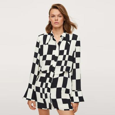 China New Arrival Anti-static Black And White Check Print Pattern Long Sleeve Shirt Dress For Women for sale