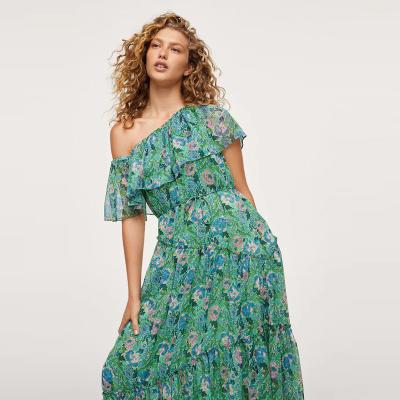 China OEM Anti-Static Custom Fashion Sexy Off The Shoulder Floral Print Ruffle Loose Dresses For Women for sale