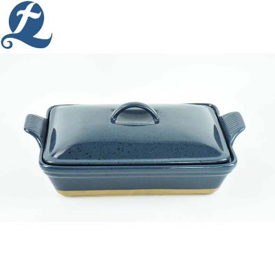 China Sustainable Kitchenware Oven Safe Handle Rectangular Ceramic Bread Baking Pan Terrine for sale