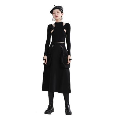 China 2550 Winter New Big Pocket Detachable Waist Solid Black Anti-static High Skirt Mid Length A-Line Skirt for sale