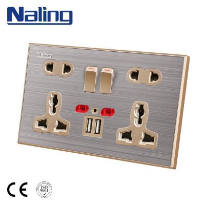 China Naling Residential/General Purpose 13A Brushed Stainless Steel Two Usb Wall Switch Socket For Hotel for sale