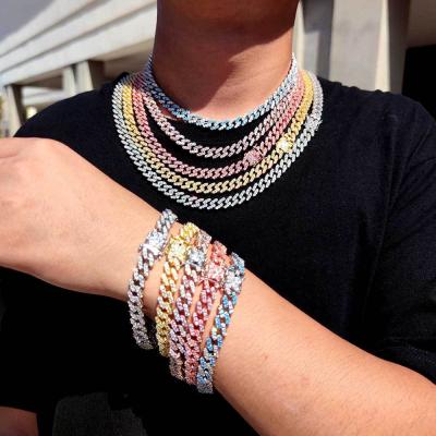 China Hiphop Hip Hop Ice Out 14/18K Gold Plated 9mm Miami Diamond Cuban Link Chain Necklace Bracelet Ice Out Chains Jewelry for sale