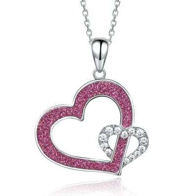 China 925 Sterling Silver Glitter Powder Double Cubic Zirconia Heart Necklace Ladies 925 Nickel Free Silver Love Necklace for sale