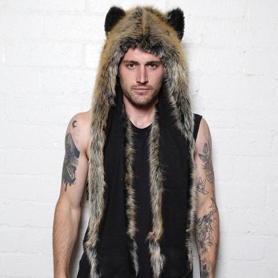 China Keep Warm Animal Fur Hood Animal Hat Ear Flaps 3in1 Faux Fur Men/Women Wolf Plush Warm Fur Hats With Scarf Hats for sale