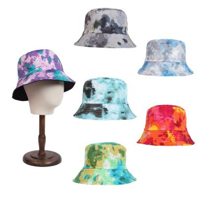 China Multicolor Tie-Dyed Bucket Hat Cotton Bucket Hat Men And Women Flat Brim Style Four Sunshade New Polyester Adult Double-Sided Wear for sale