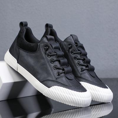 China 2021 Simple Black Sneakers Men's Upper Working Casual Canvas Shoes High Top Fashion Trend PU Flat Bottom Flat Bottom Shoes for sale