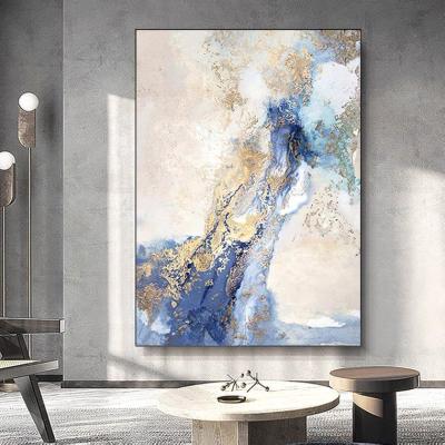 China Large Modern Framed Blue Wall Art Decor Abstract Gold Foil Canvas Oil Painting For Living Room for sale