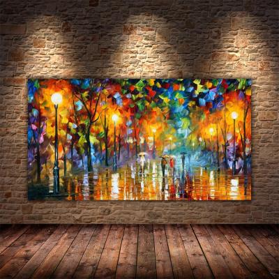 China Modern Lover Rain Street Tree Lamp Knife Landscape Oil Painting On Canvas Wall Art Painting For Living Room Home Decor for sale