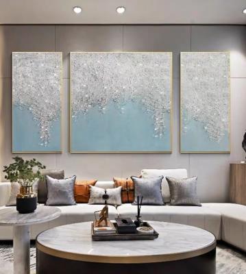 China Modern 3D Beauty Abstract Artwork Home Decor Light Blue Triptych Light Blue Oil Painting With Crystal On Canvas for sale