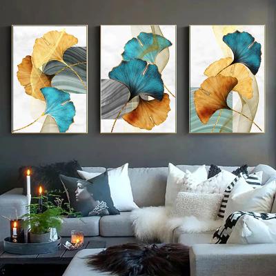 China Nordic Blue Green Wall Art Painting Yellow Gold Plant Abstract Leaf Poster Canvas Print Wall Art Modern Abstract Living Room Decor for sale