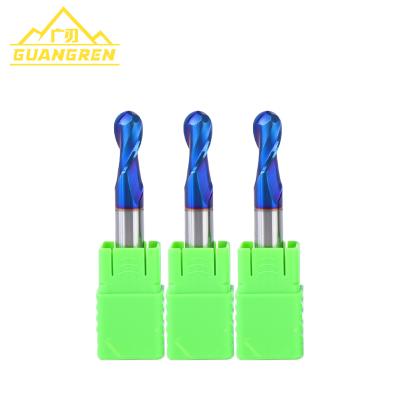 China GuangRen 65hrc 2flute cnc process tungsten carbide ball nose end mill cutters for sale