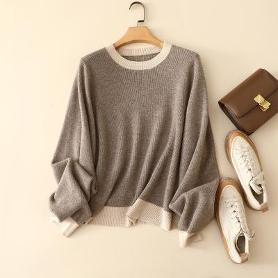 China Women's Anti-Shrink Rib Knit Crew Neck Stitching Color Cashmere Pullover Thick Sweater for sale