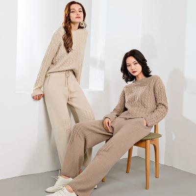 China Women Breathable Jacquard Knit Crew Neck Cashmere Sweater And Pants Set for sale