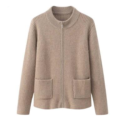 China Women Anti-Shrink Crew Neck Chunky Cable Knit Zipper Cashmere Cardigan for sale