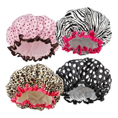 China Custom Made Viable Designer Double Waterproof Layers Elastic Hair Ladies Spa Salon Leopardo Reusable Bathing Shower Hats For Women for sale