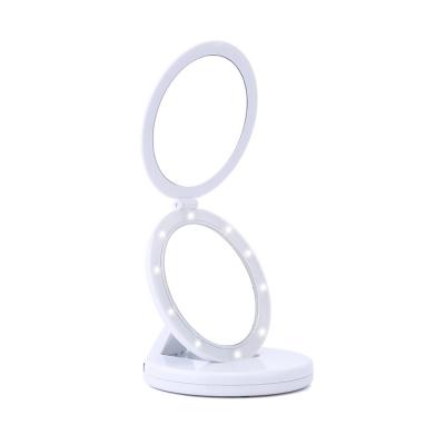 China Double Sided Lighted Usb Lighted Round Led Mirror Makeup Mirror Led Lamp Makeup Beauty Makeup Folding Vanity Mirror for sale