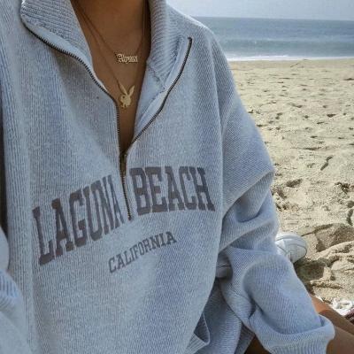 China Casual Gray Letter Embroidery Lapel Anti-wrinkle Autumn Zipper Pullover Women Loose Sweatshirt for sale