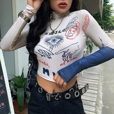 China Top Anti-pilling New Fashion Design Turtleneck Crop Print Fall Fashion Women Long Sleeve Top T-Shirt for sale