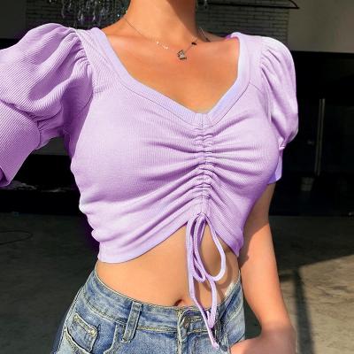 China Anti-pilling New Fashion Girl Drawstring Crop T-shirt Solid Color 2020 Pleated Ladies Top T-shirt by Short Sleeve for sale