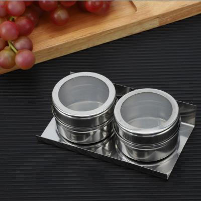 China 2pcs Kitchen Tool Sustainable Metal Round Stainless Steel Fridge Magnetic Spice Container Seasoning Jar Tins Holder Set With Magnet Jars for sale