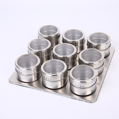 China Viable Hot Sale 9pcs Portable Stainless Steel Magnetic Spice Tins Containers Salt and Pepper Shaker Magnetic Spice Jars for sale