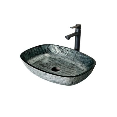 China Modern High Grade Glass Water Transfer Printing Glass Basin Bathroom Lavatory Arts Sink for sale