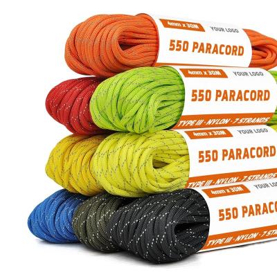 China USA Standard Wholesale 100 Feet 100% Nylon Reflective Camping Survival 2mm 3mm 4mm Parachute Cord 550 Cord Paracord Custom For Bracelet for sale