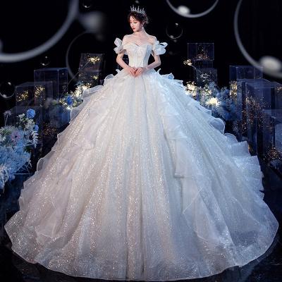 China Senior Senator 2021 New Series Bride Dreamy Wedding Anti-wrinkle Temperament Big Tail One-Shoulder Starry Sky Super Fairy Wedding Dress for sale