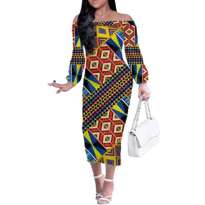 China Most Anti-Static Class Women Dress African Pattern Spring Midi Women Clothing Sexy Dress One Shoulder Colorful Long Sleeve Matching Dress for sale