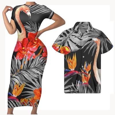 China Anti-Static Bodycon Midi Dress Pattern Hibiscus American Samoa Short Sleeve Woman And Man Traditional Couple Matching Wedding Dress Designer for sale